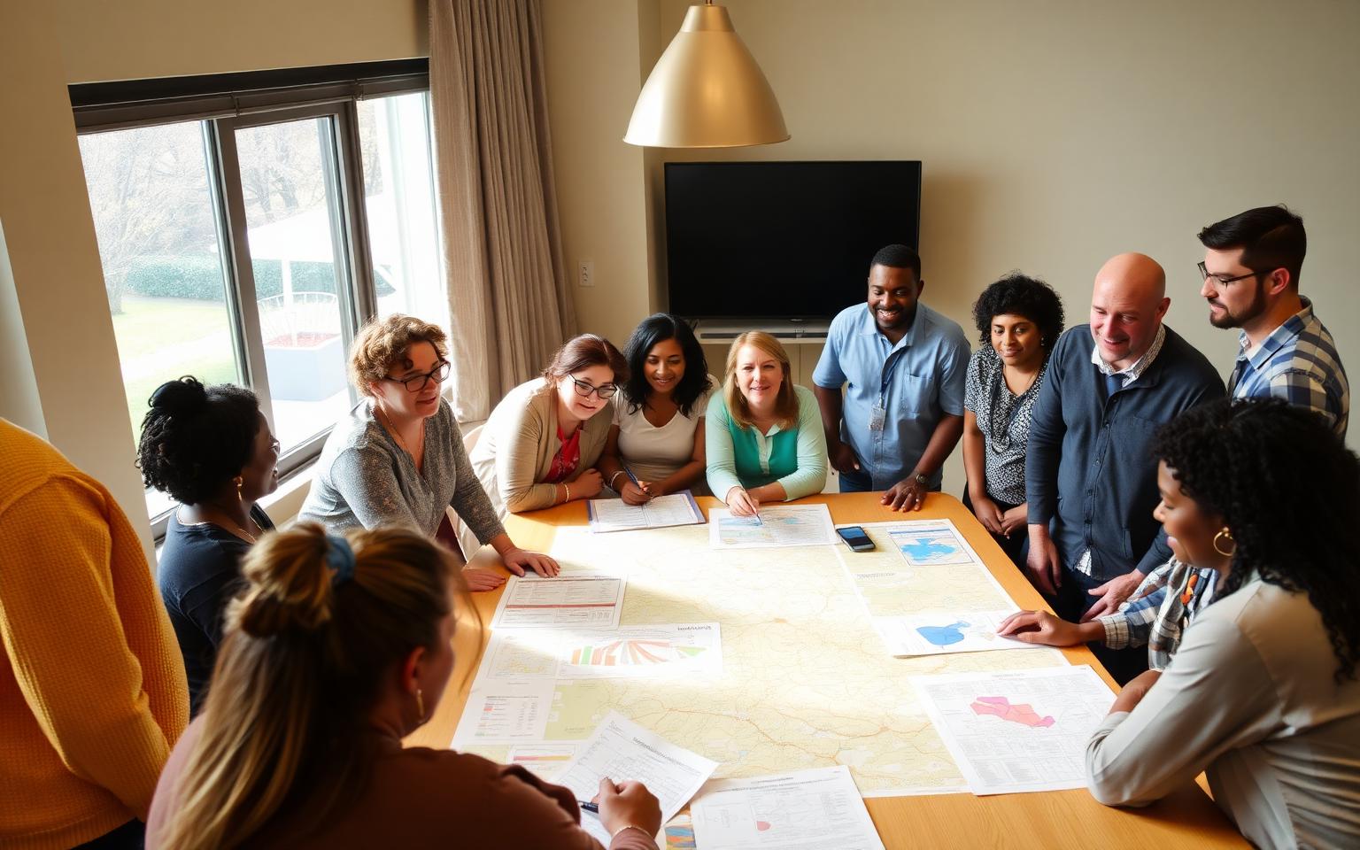 Community Action staff and residents reviewing community maps and charts together around a table